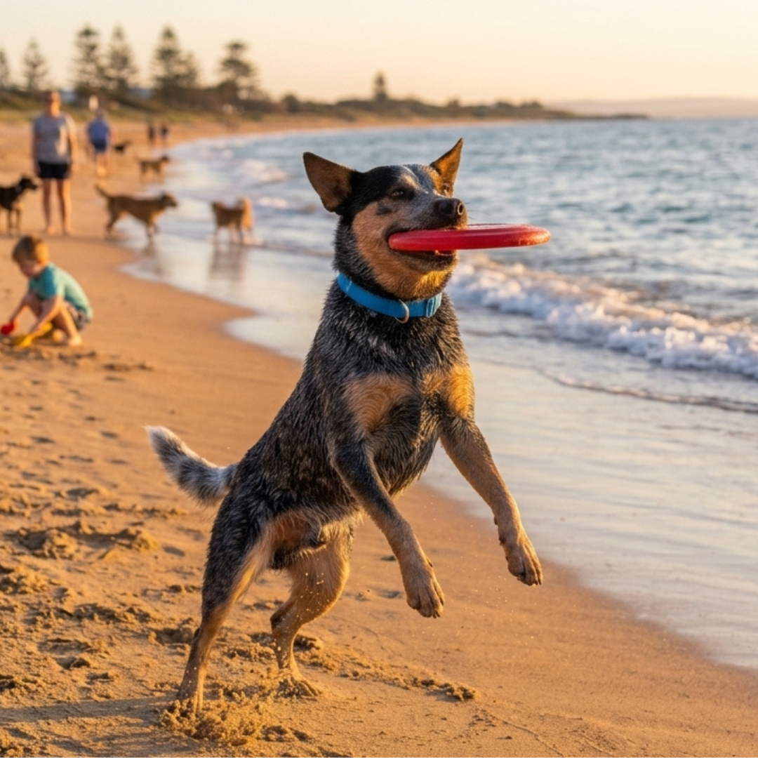 Bluey the Australian Cattle Dog leaping to catch a red frisbee on a beach at sunset