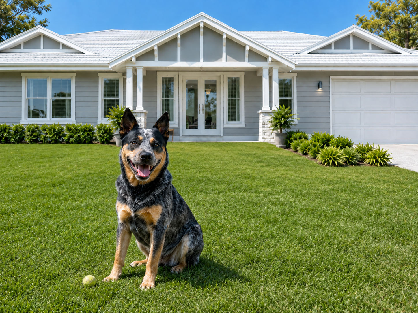 Bluey the Australian Cattle Dog sitting on the lawn in front of an Australian home