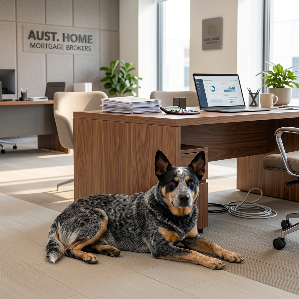 A blue heeler sitting beside a desk in a bright modern mortgage broking office